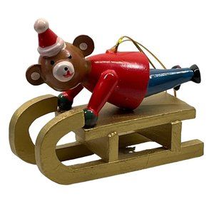 Santa Teddy Bear on Sled Vintage Wood Christmas Tree Ornament Sledding
